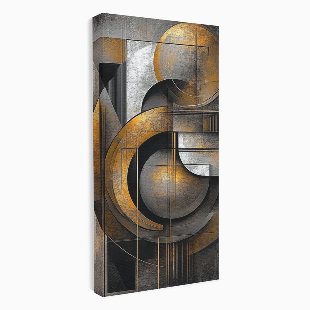 Tablou canvas cu tablou canvas geometric cu cercuri aurii si gri, fara rama, pe sasiu de lemn